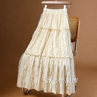 秋冬法式大摆蕾丝花边丝绒半身裙女秋冬2025新款显瘦蛋糕裙子半裙