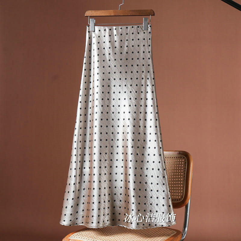 高级感香槟色波点醋酸缎面半身裙女2025秋冬新款鱼尾裙子长裙半裙