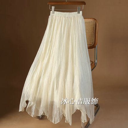 高级感杏色珠光不规则欧根纱半身裙女夏季流光纱大摆裙子长裙半裙