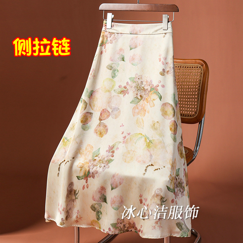 2025油画风醋酸缎面印花半身裙女夏季小个子垂感大摆A字裙子长裙
