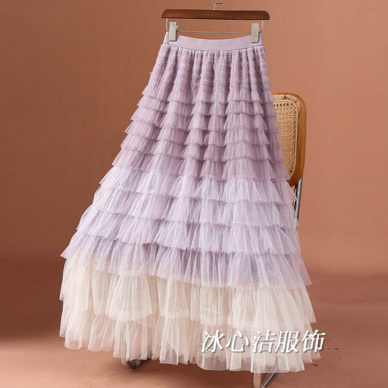超好看！渐变紫色网纱蛋糕半身裙