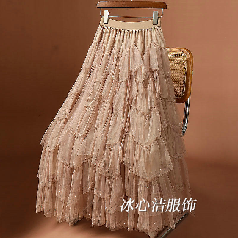 重工烫钻不规则层层网纱半身裙