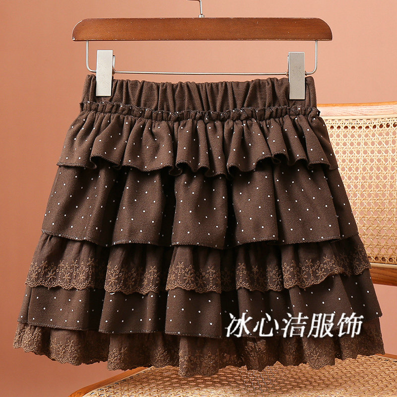 春季蕾丝花边波点毛呢短裙蛋糕裙半身裙女秋冬小个子蓬蓬裙子冬裙