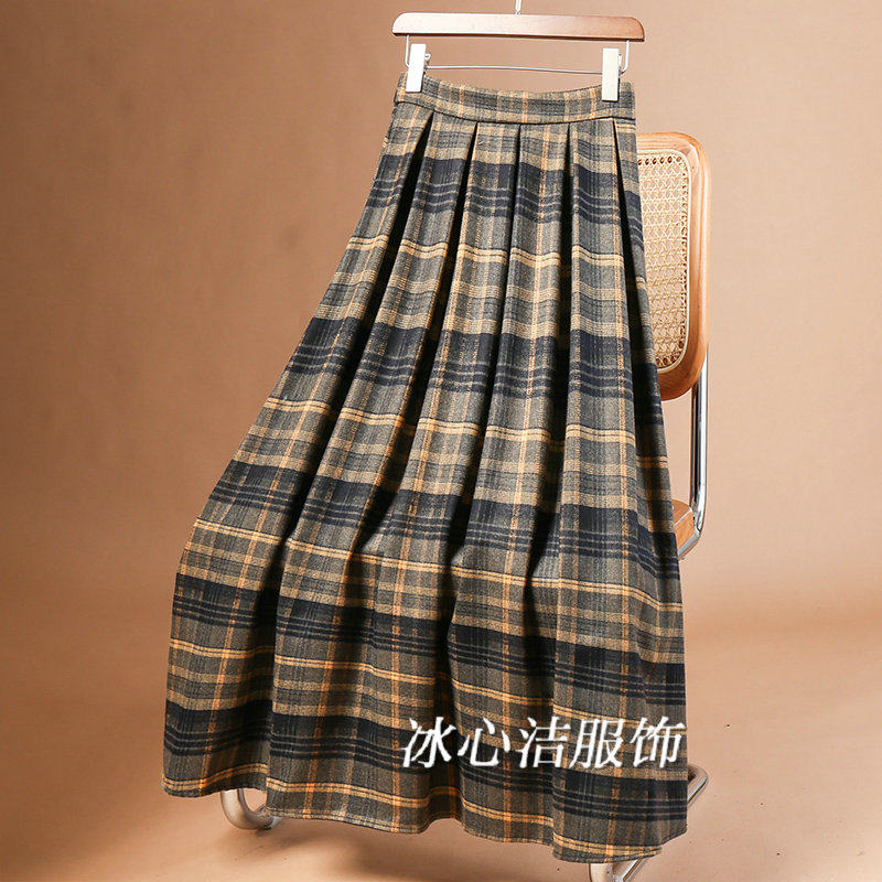 2024新款冬季加厚毛呢格子半身裙秋冬女大摆半裙百褶长裙伞裙冬裙