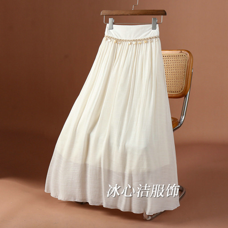 中国风垂感大摆仿棉麻长款半身裙女夏季2025新款显瘦松紧腰长裙半