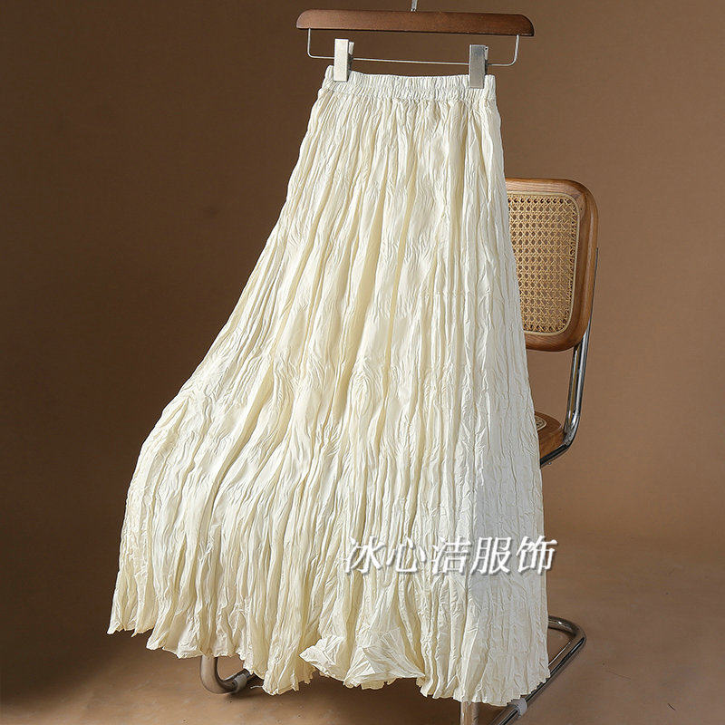 秋冬好看长款大摆不规则褶皱半身裙女2025新款白色裙子百褶裙长裙