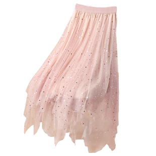 黑色星星亮片网纱半身裙女秋冬2025小个子不规则裙子星空纱裙长裙