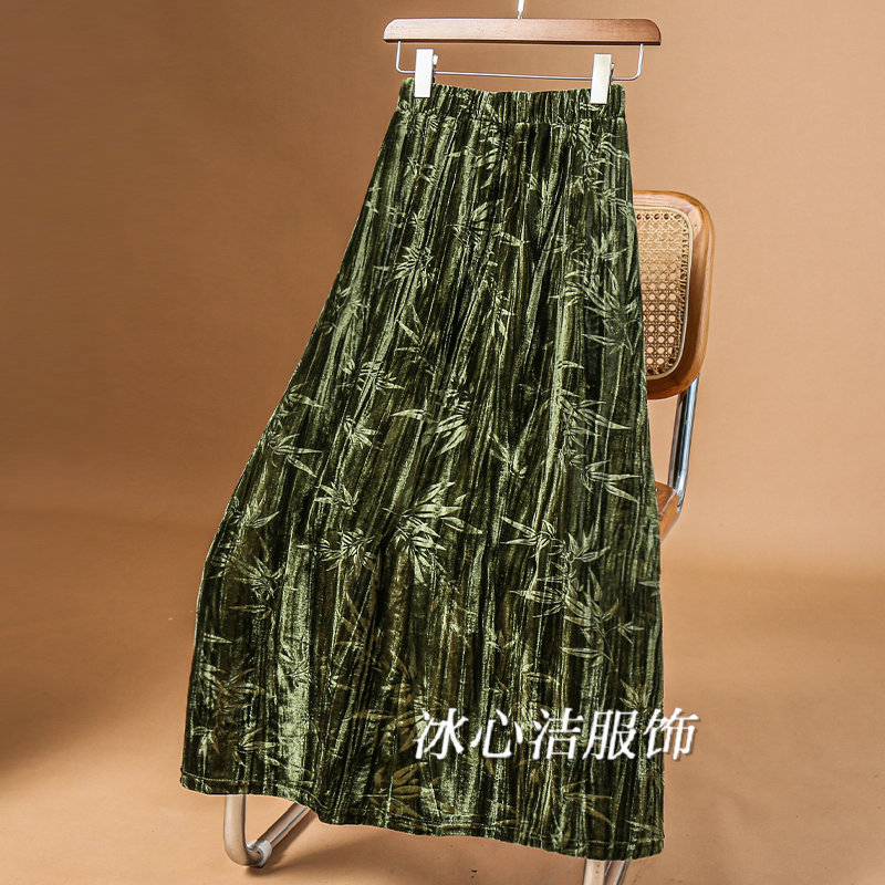 新中式国风竹叶金丝绒半身裙女春季2025新款绿色垂感裙子长裙半裙