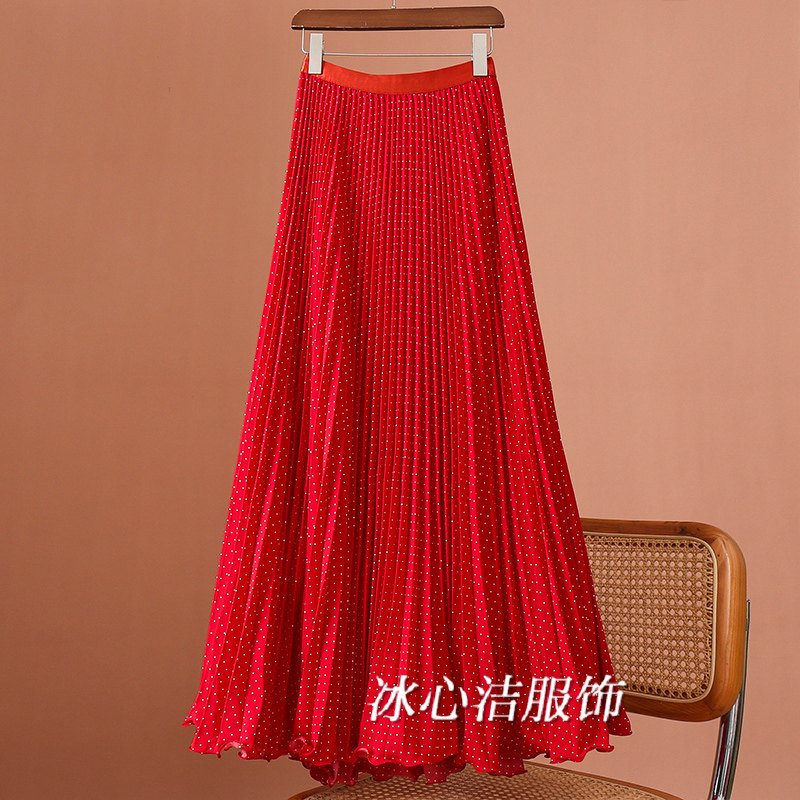 大摆A字高级长款红色波点半身裙女秋冬2025新款舞蹈百褶裙长裙子