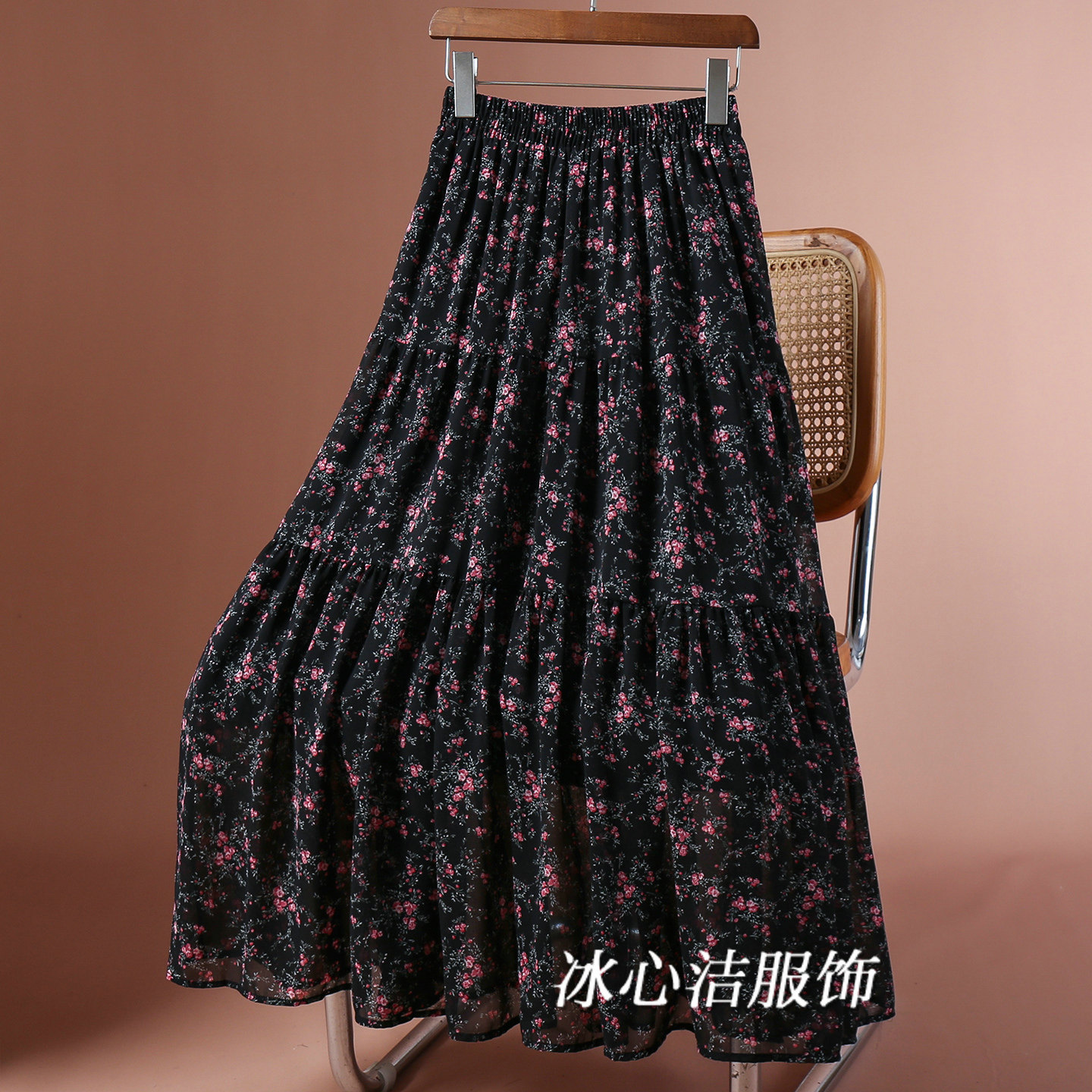 夏天薄款黑色小碎花雪纺半身裙女2026夏季新款高腰显瘦花裙蛋糕裙