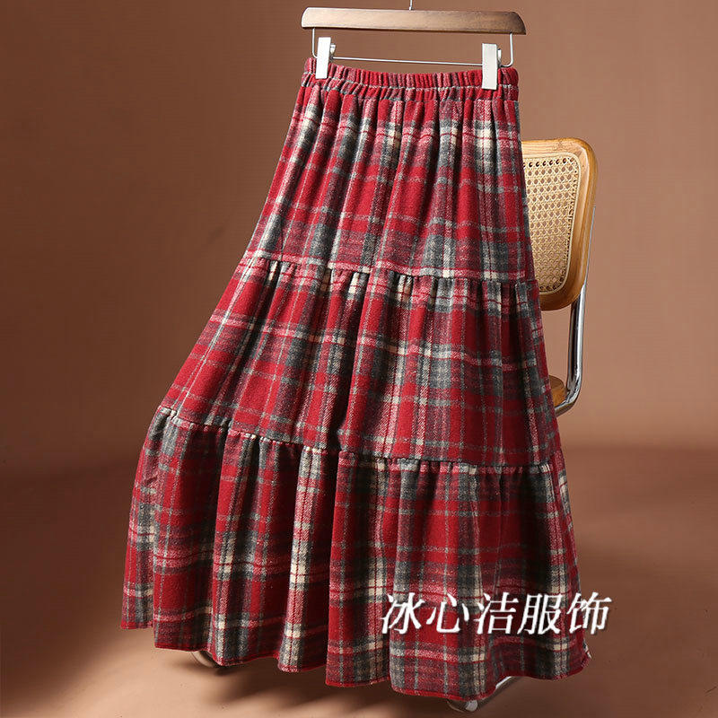 冬季圣诞红色格子加厚毛呢蛋糕裙半身裙女秋冬新款A字长裙子冬裙