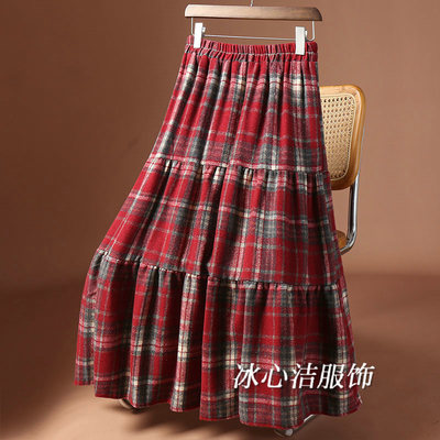 超好看！圣诞红色格子毛呢半身裙