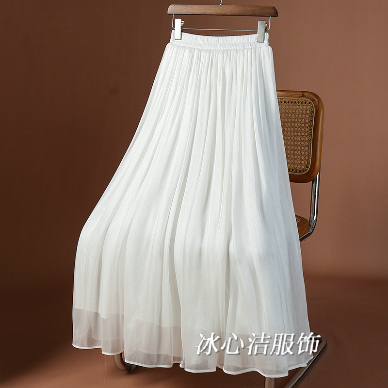 法式绝美白色流光纱半身裙女夏季2025新款a字裙子大摆百褶裙长裙
