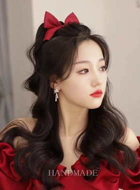 在逃公主敬酒服头饰简单大气新娘结婚红色蝴蝶结发夹晚礼服配饰