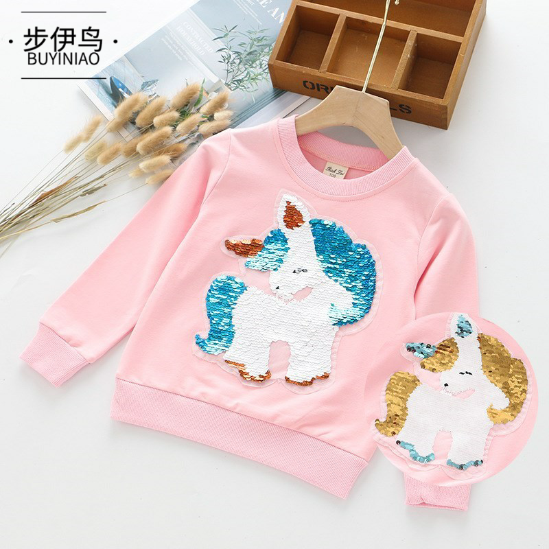 女童亮片童装春秋翻转闪光小女孩上衣服时尚t恤儿童鳞片变色卫衣