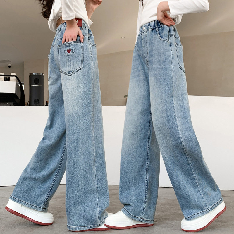 女童春秋牛仔长裤初中生儿童裤子2025新款中大童秋装阔腿裤小女孩