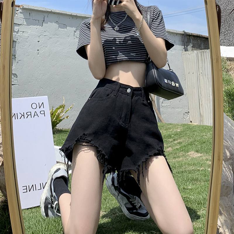 破洞牛仔短裤女夏季薄款2025年新款黑色高腰宽松a字辣妹热裤子潮