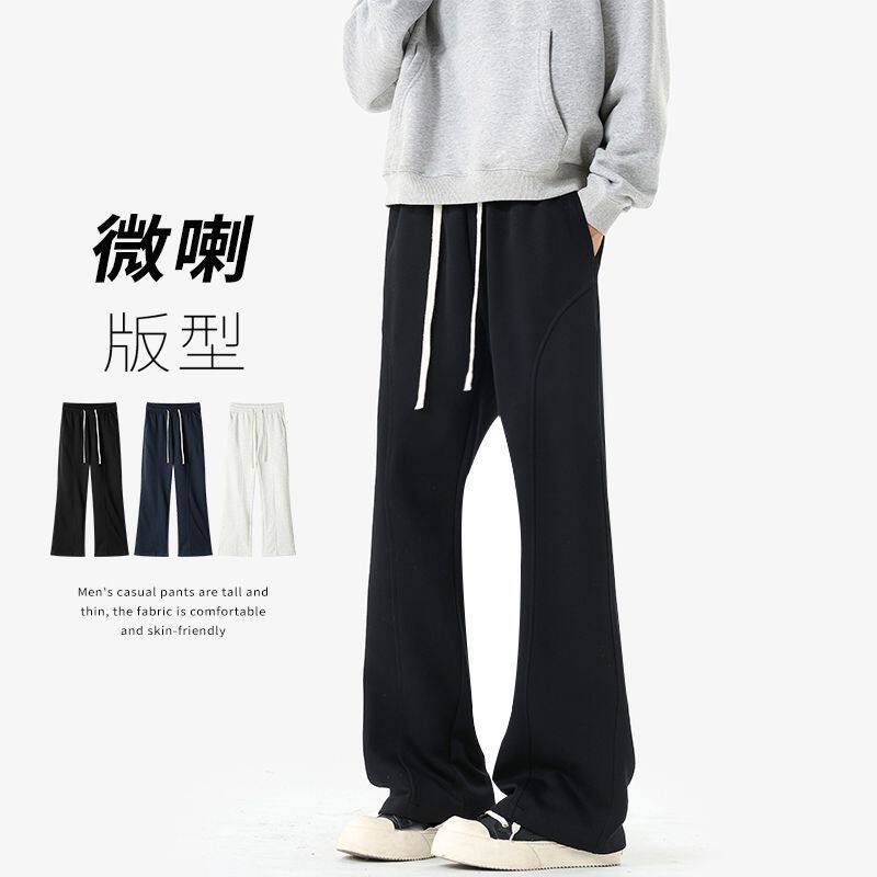 春季美式斜切弯刀裤子慵懒宽松大码舒适微喇卫裤垂感休闲裤男裤子