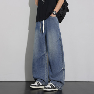 春秋新款牛仔裤男款美式复古水洗直筒弯刀裤宽松休闲阔腿工装裤子