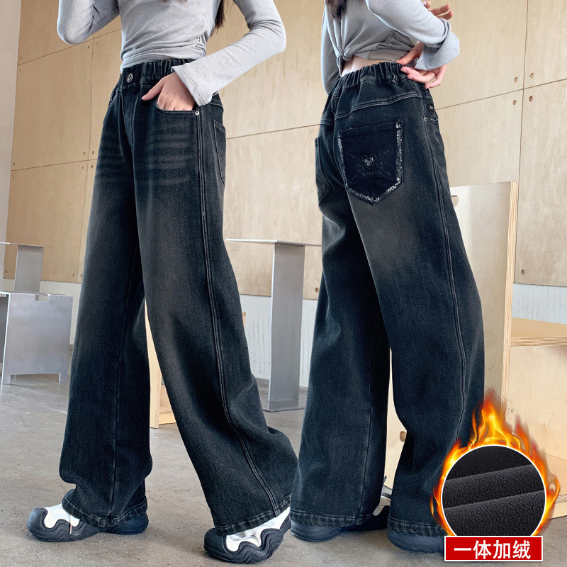 女童加绒牛仔裤一体绒儿童女孩裤子2025新款冬季大童阔腿休闲长裤