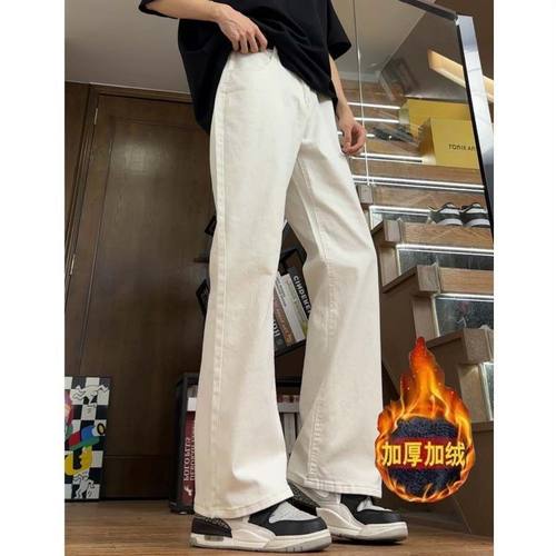 517白色加绒牛仔裤男款2025新款秋季宽松直筒微喇vibe潮牌裤子男