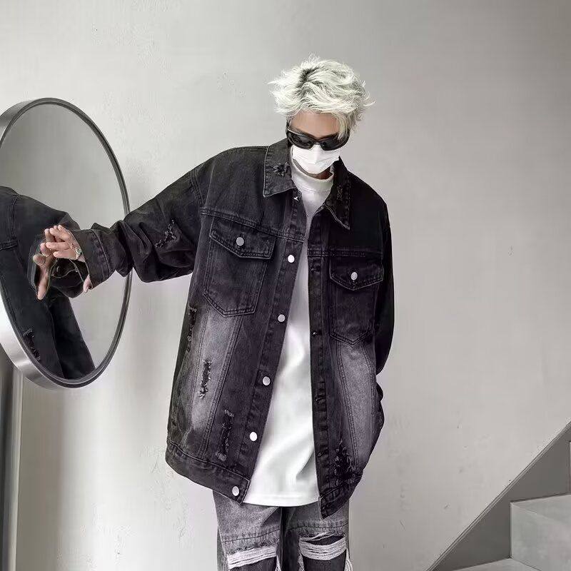 黄泥色破洞牛仔外套男春秋款潮牌痞帅高级感夹克美式复古潮流炸街