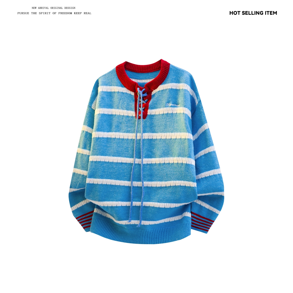 2025秋冬氛围感日系复古插肩袖慵懒条纹撞色V领系带针织毛衣男潮