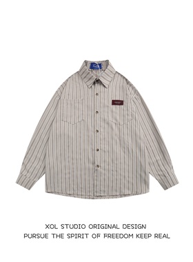 XOL 日系条纹翻领长袖衬衫女男宽松设计感小众港风chic衬衣外套