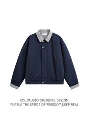 XOL 原创日系复古撞色翻领拉链外套男女宽松通勤休闲百搭潮牌夹克