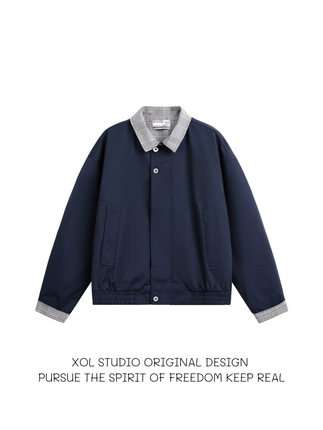 XOL 原创日系复古撞色翻领拉链外套男女宽松通勤休闲百搭潮牌夹克