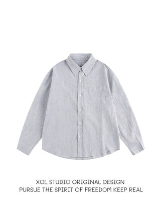 XOL 日系复古简约竖条纹长袖衬衫男女宽松休闲百搭情侣衬衣外套