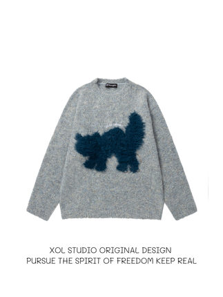 XOL 美式复古毛绒小猫圆领针织衫男vintage慵懒宽松情侣潮牌毛衣