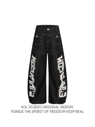 XOL 美式街头涂层大字母印花弯刀牛仔裤男女宽松解构拼接个性裤子
