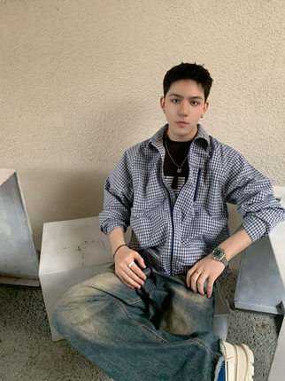 XOL 原创城市运动蓝白格纹衬衣男女新款宽松休闲设计感衬衣外套