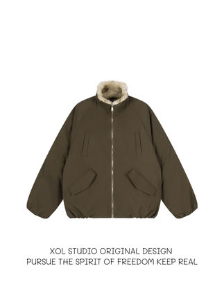 XOL 冬季新款简约慵懒风保暖派克服棉服男女宽松加厚毛领棉衣外套