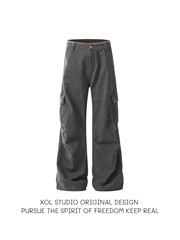 XOL 美式复古多口袋褶皱做旧工装裤男女潮牌宽松百搭直筒伞兵裤