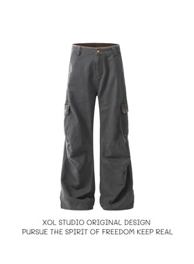 XOL 美式复古多口袋褶皱做旧工装裤男女潮牌宽松百搭直筒伞兵裤