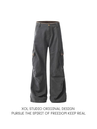 XOL 美式复古多口袋褶皱做旧工装裤男女潮牌宽松百搭直筒伞兵裤