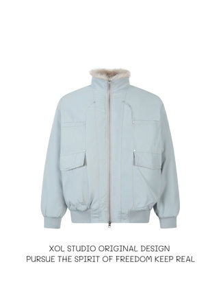 XOL 原创美式冰蓝色立领座山雕毛领棉服男冬季加厚保暖派克服棉衣