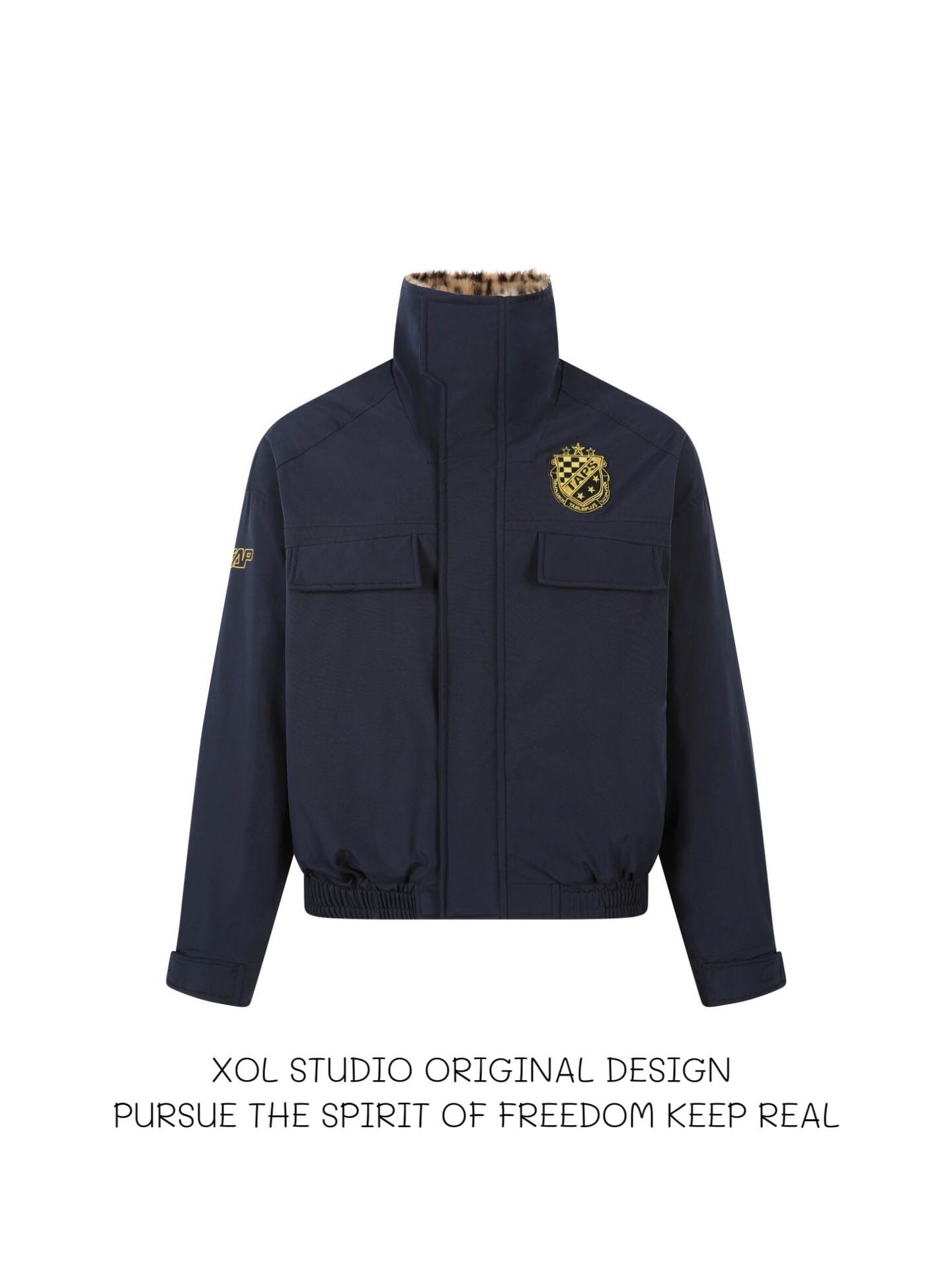 复古豹纹翻领加绒棉服外套