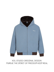 XOL 美式复古冰川蓝底特律保暖座山雕棉服男女宽松短款加厚外套