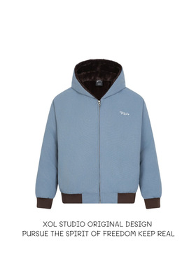 XOL 美式复古冰川蓝底特律保暖座山雕棉服男女宽松短款加厚外套