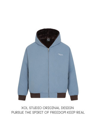 XOL 美式复古冰川蓝底特律保暖座山雕棉服男女宽松短款加厚外套
