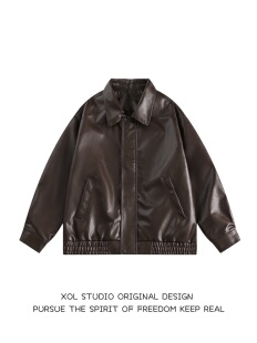 XOL 美式复古痞帅机车PU皮夹克男女港风chic街头潮牌棕色皮衣外套