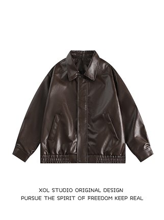 XOL 美式复古痞帅机车PU皮夹克男女港风chic街头潮牌棕色皮衣外套