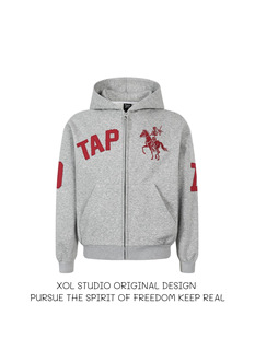 XOL 2026春季美式复古战马刺绣连帽卫衣男女情侣宽松高街拉链外套