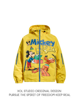 XOL 春季美式趣味卡通印花连帽冲锋衣男女宽松慵懒风休闲百搭外套