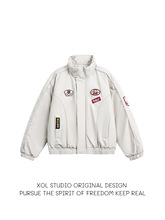 XOL 冬季美式复古徽章短款机车棉服外套廓形解构加厚情侣工装棉衣