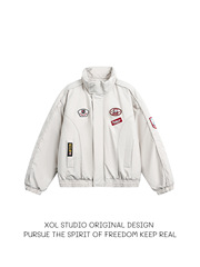 XOL 冬季美式复古徽章短款机车棉服外套廓形解构加厚情侣工装棉衣