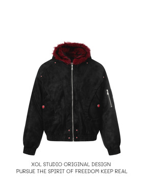 XOL 原创小众暗黑系红毛座山雕毛领连帽棉服男加厚纹理PU短款棉衣